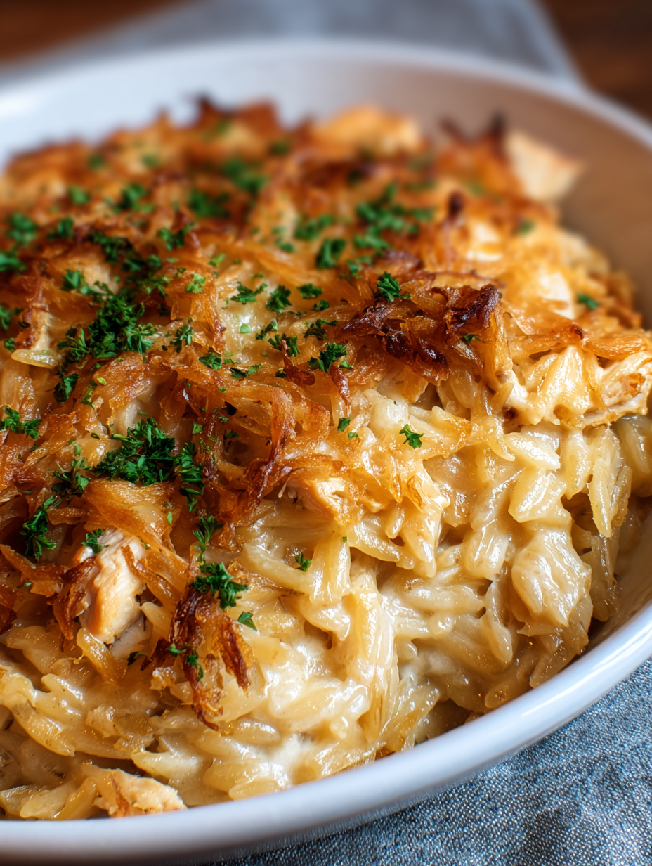 French Onion Chicken Orzo Casserole