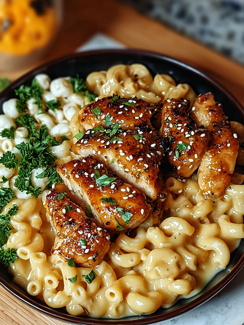 Honey Pepper Chicken with Creamy Mac and Cheese