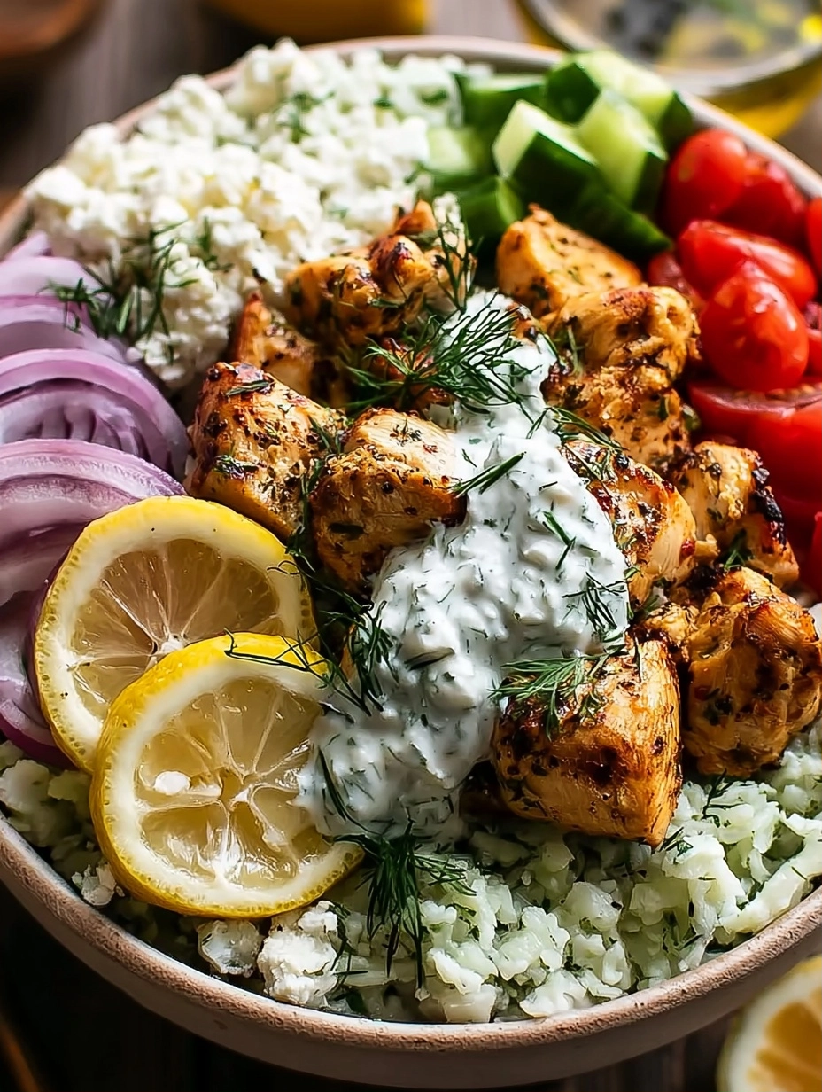 Low Carb High Protein Mediterranean Lemon Dill Chicken Bowl