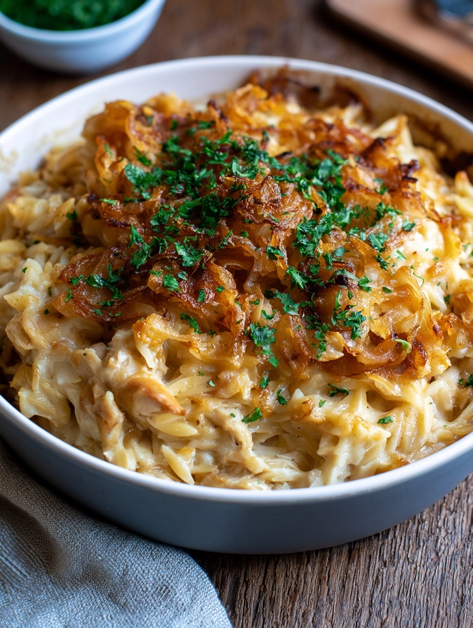 French Onion Chicken Orzo Casserole